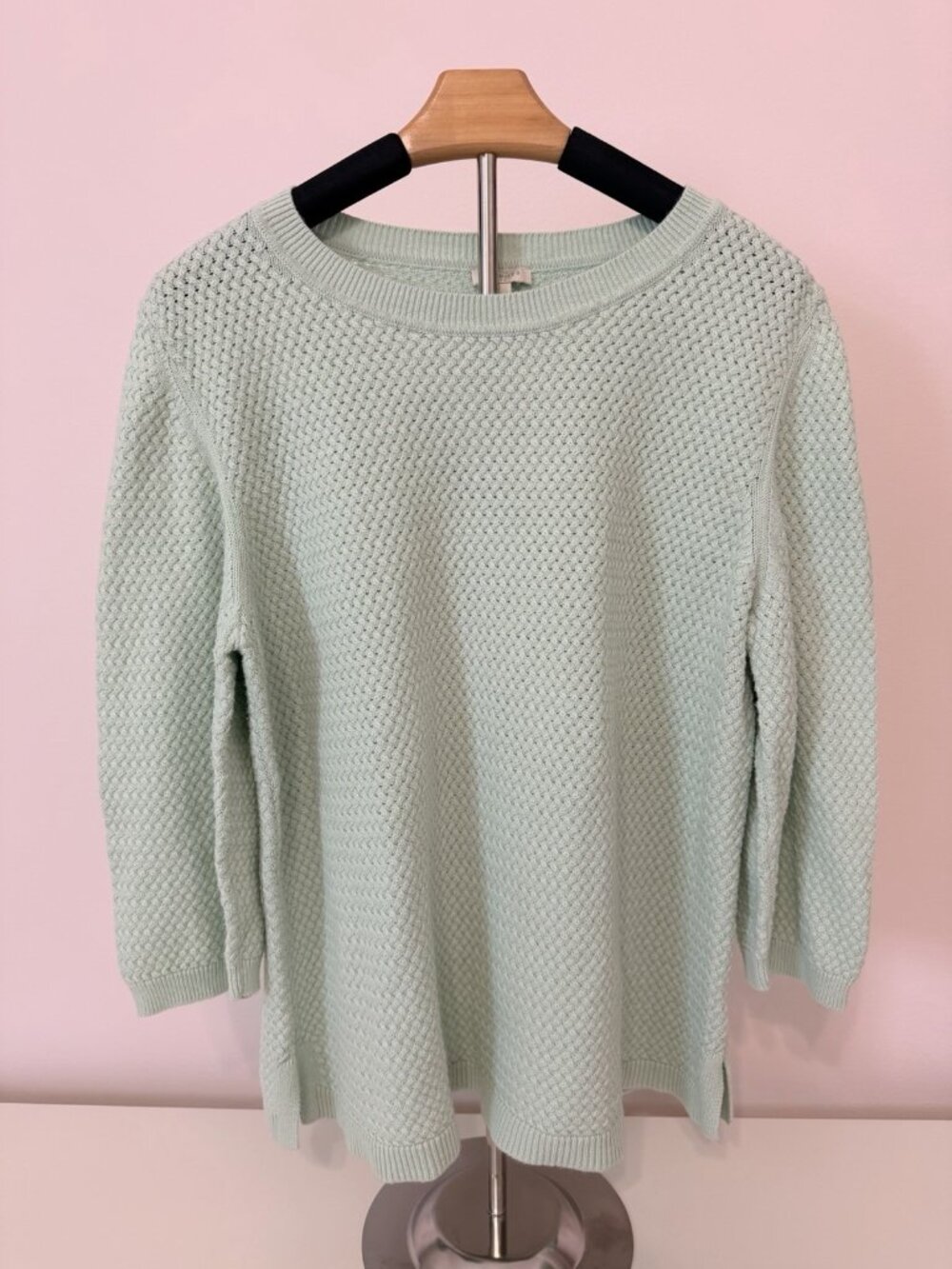Talbots Womens Mint Green Textured Basketweave Knit Crew Neck 3/4 Sweater XL